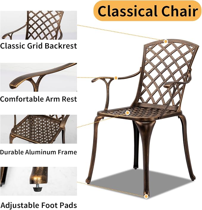 VINGLI 5 Pieces Outdoor Patio Dining Set, Cast Aluminium Patio Furniture Set with 4 Chairs and 1 Umbrella Table for Yard, Garden, Porch and Poolside, Bronze (Square Table)