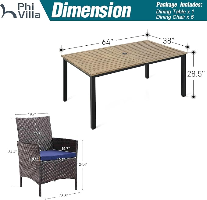PHI VILLA 7 Piece Patio Dining Set, 64” Wood-Like Table, Rattan Chairs | Outdoor Dining Set for 6, Rectangular Table with Umbrella Hole, Wicker Chairs with Cushions for Patio, Deck, Porch