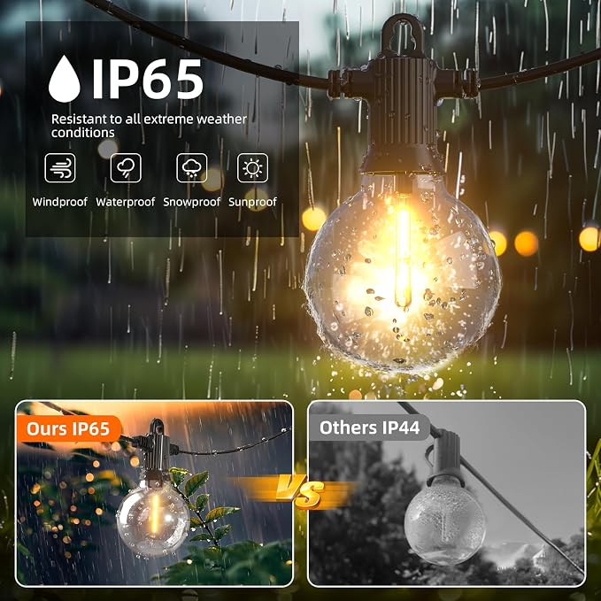 Kawaya G40 Outdoor String Lights 100FT IP65 Waterproof 2700K Patio Light | IP65 50+2 Shatterproof Edison Globe Blubs, 2700K Warm White for Garden Porch Fence Camping Party Backyard Deck Bistro Balcony