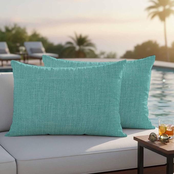 Outdoor Waterproof Throw Pillow Covers Set of 2 Turquoise Linen Lumbar Pillowcases 20x12 Inches Farmhouse Pure Color Decorative Pillows Cushion Case Patio Pillows for Couch Bed Chair Garden
