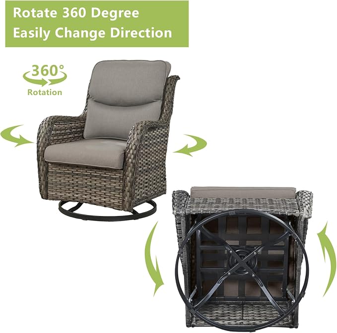 Rilyson Wicker Patio Furniture Set - 5 Piece Rattan Outdoor Sectional Conversation Sets with 2 Swivel Rocking Chairs,2 Ottomans and 1 Side Table for Porch Deck Garden(Mixed Grey/Grey/Smile)