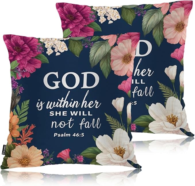 Swono Bible Verses Set of 2 Square 18x18 Inch Throw Pillow Cover God is Within Her She Will Not Fall Cosy Pillowcases Pillow Cushion Covers for Home Sofa Couch Garden Bench Car, Christian Quote
