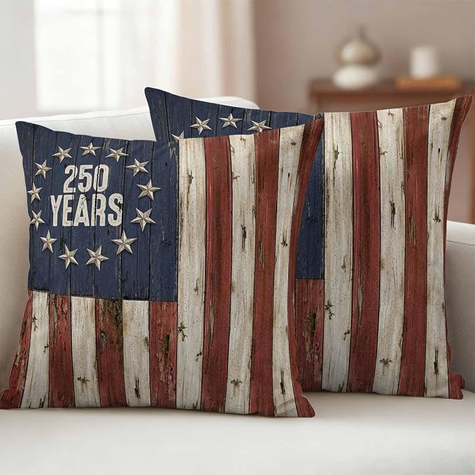 250 Year Anniversary USA Outdoor Waterproof Throw Pillow Covers 20"x20" Set of 2, 4th of July Vintage Wood Decorative Garden Pillowcase with Zipper Cushion Case for Patio Couch Tent