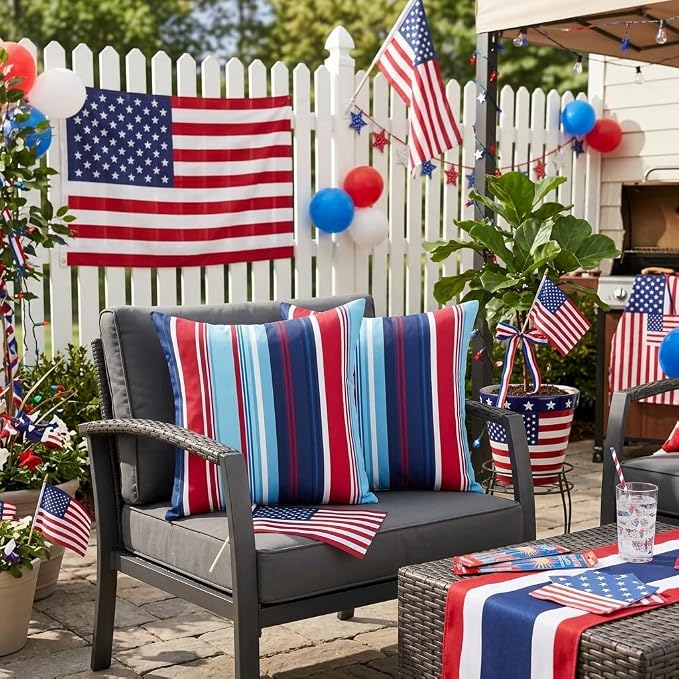 Pyonic 4th of July Outdoor Pillow Covers 18x18 inch Waterproof Red Blue White Striped Outdoor Pillows for Patio Furniture Garden