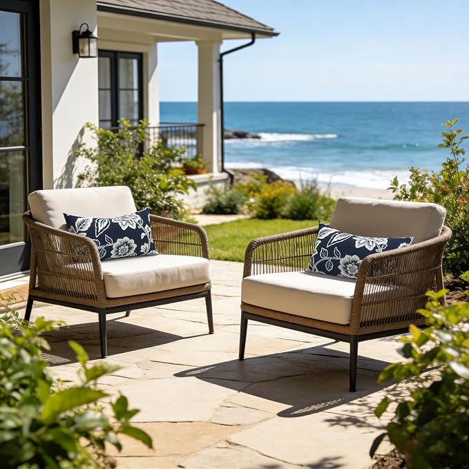 LVTXIII Set of 2 Patio Lumbar Pillow Covers ONLY, 12" x 20" Fade Resistant Outdoor Lumbar Pillow Cases,Decorative Garden Lumbar Cushion Covers for Patio Coach Sofa Use, Elegant Vines Navy