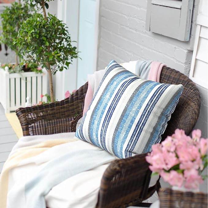 Outdoor Pillows for Patio Furniture 16x16 inch, Square Outdoor Throw Pillows with Inserts, Decorative Patio Pillows for Garden Couch Home Sofa Office Chair, Pack of 2, Stripe Layered Blue
