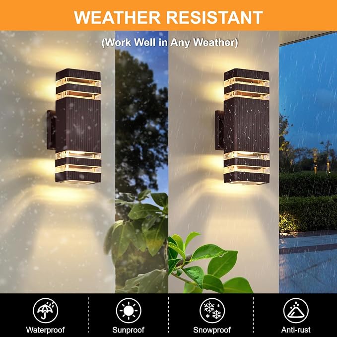 DASTOR 4 Pack Outdoor Wall Lights, Brown Exterior Lighting Fixtures Wall Mount, 2-Layer Modern Outdside Lights for House, Up and Down Outdoor Sconce Lights for Porch Patio Garage