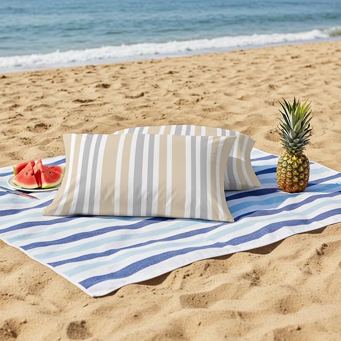 Beige Grey Stripe Outdoor Pillow Covers 20x12 Inch Lumbar Pillow Covers Set of 2 Waterproof Decorative Throw Pillow Cases Farmhouse Minimalist Striped Cushion Covers for Patio Furniture Garden Couch