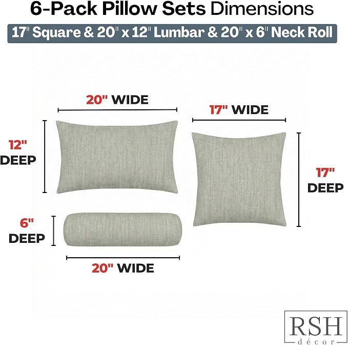 RSH DECOR: Sunbrella 6-Pack Pillow Set | Water & Fade-Resistant | 17" Square, 20"x12" Lumbar, 20"x6" Neck Roll | Outdoor Throw Pillows | Made in USA (Spectrum Dove)