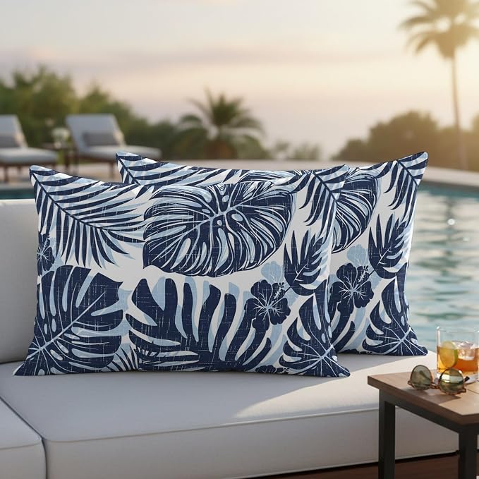Navy Blue Palm Leaves Outdoor Pillow Covers 20"x12" Set of 2, Tropical Botanical Minimalist Modern Waterproof Throw Pillow Covers for Patio Furniture, Decorative Cushion Covers for Porch