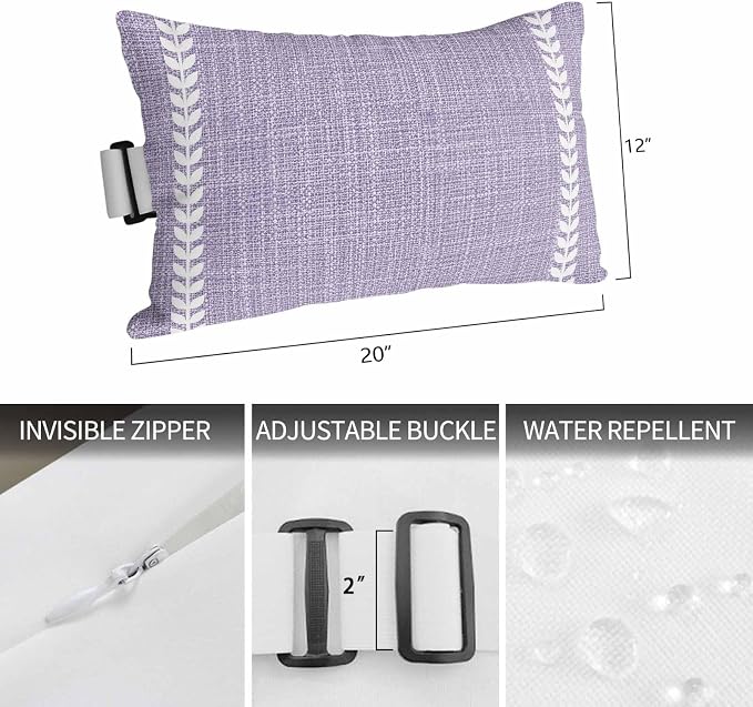 Lavender Purple Outdoor Lumbar Pillows 12x20 Set of 2, Modern Rustic Simple Striped Elegant Waterproof Throw Pillow Covers with Insert, Decorative Support Pillows for Lounge, Chaise