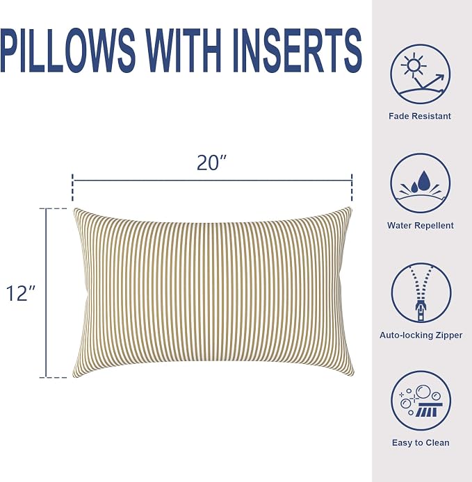 Outdoor Lumbar Pillows, Water Repellent Cushion Pillows 12x20 Inch, Outdoor Pillows with Inserts for Home Garden, Pack of 2, Stripe Beige