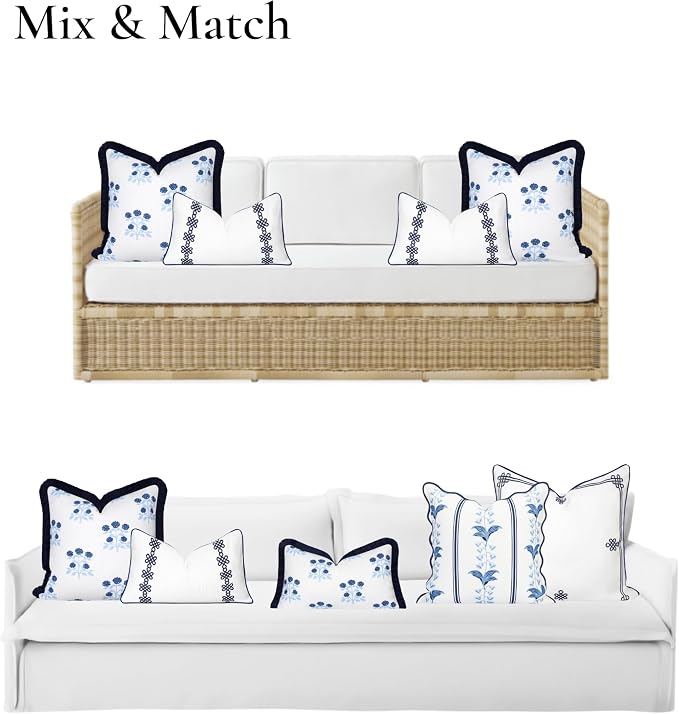 Hofdeco Premium Coastal Hampton Patio Indoor Outdoor Throw Pillow Cover Only, 20"x20" Water Repellent for Backyard, Couch, Poolside, Navy Blue Print Hydrangea Flowers