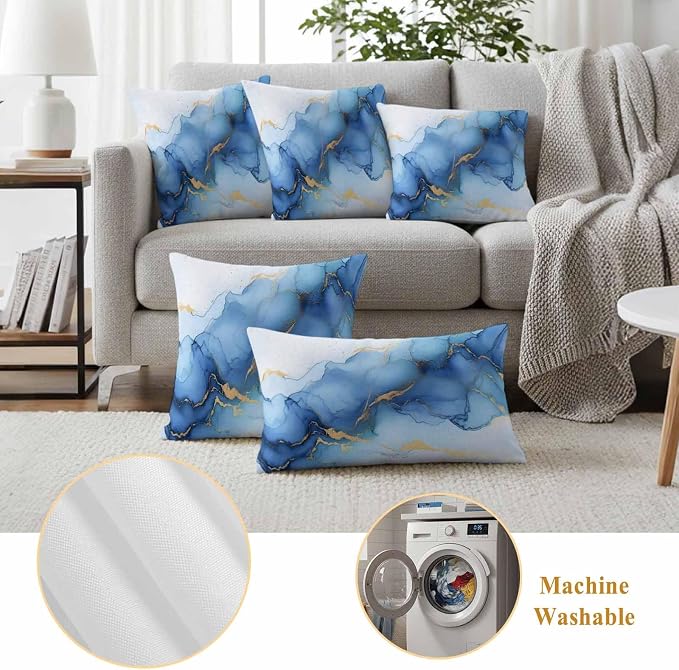 Abstract Marble Texture Outdoor Waterproof Throw Pillow Covers Set of 2, 20"x20", Gold Blue Gradient Modern Art Decoration Decorative Pillow Covers Outside Cushion Case for Patio Porch Garden