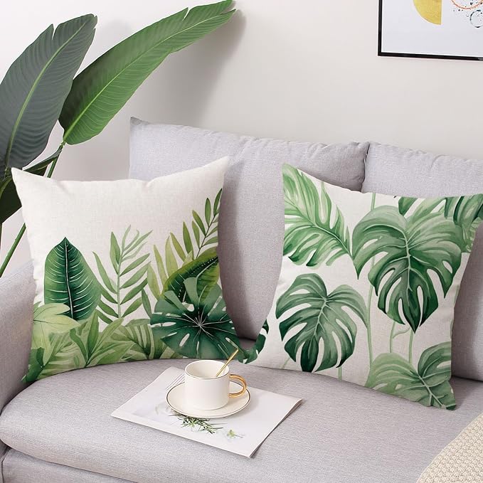 Tropical Leaves Outdoor Waterproof Pillow Covers 18 X 18 Inch Set of 4 Palm Leaf Plant Decorative Cushion Cases for Patio Furniture Garden