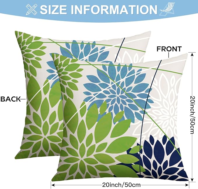 OTOSTAR Outdoor Green Blue Pillow Covers 20x20 Inch Set of 2 Dark Blue Flower Throw Pillows Farmhouse Geometric Dahlia Floral Square Cushion Case Waterproof Decor for Sofa Patio Funiture Garden