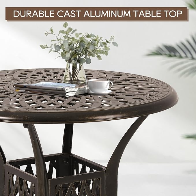 Patio Dining Table,Cast Aluminum Patio Table with Umbrella Hole, Outdoor Bistro Table for Backyard, Garden, Patio