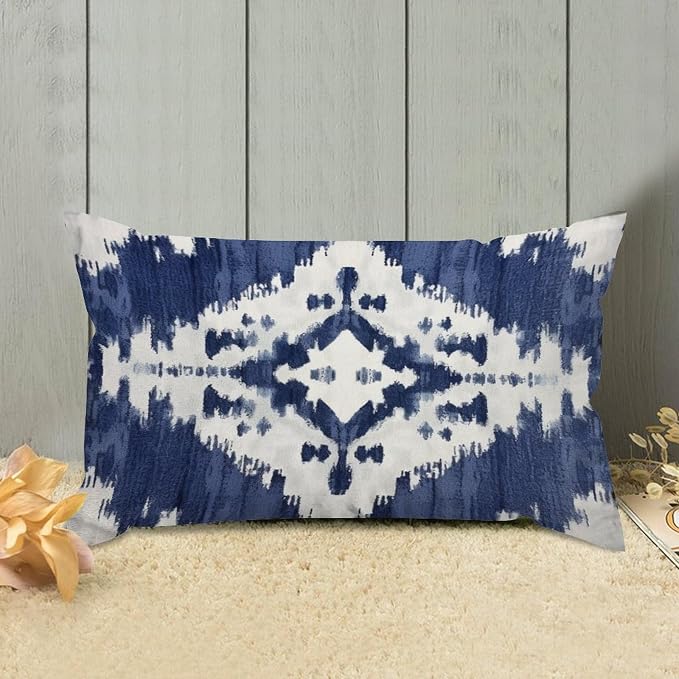 Zipped Pillow Cases for Home Decor Navy Blue Grey and Beige Ikat Pattern Print Throw Pillow Cover Set of 2 Farmhouse Cushion Cover Cases for Living Room Club Home Decor 12x20in