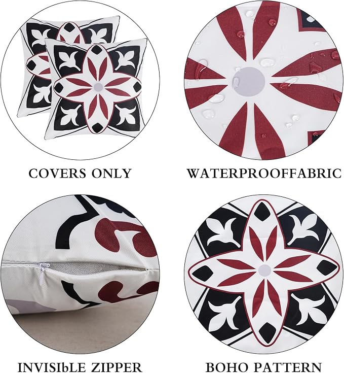 Pyonic Black Tan White Gray Outdoor Pillows Waterproof Throw Pillow Covers Set of 4 Floral Printed and Boho Farmhouse Outdoor Pillow Covers for Patio Funiture Garden 18x18 Inch