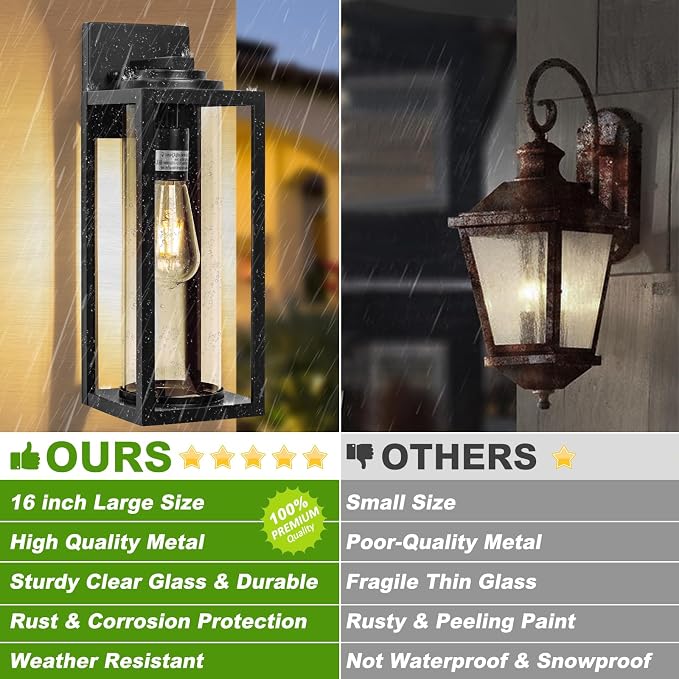 FILIYANO Large Outdoor Wall Lights, 16 Inch,Modern Exterior Fixtures,2 Pack | Anti-Rust, Waterproof, Black Exterior Lantern with Clear Glass, Farmhouse Wall Lighting Sconces for Garage, Porch, Front Door