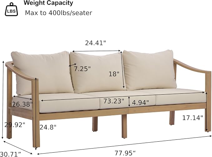 Merax 4 Piece All-Weather Acacia Wood Outdoor Furniture Set, 5-Seater | Patio 3-Seater Sofa, 2 Club Chairs with Coushions, 1 Coffee Table, Conversation Set for Backyard, Deck, Poolside, Teak+ Beige
