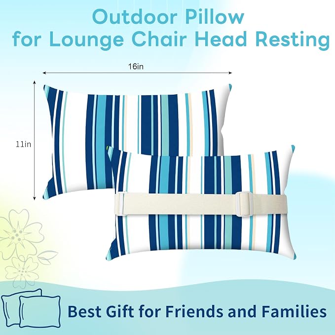Outdoor Pillows for Lounge Chair Head Resting 2 Pack Waterproof | Headrest Lumbar Pillows with Adjustable Strap for Recliner Beach Pool Lounger Chair, Blue Stripes