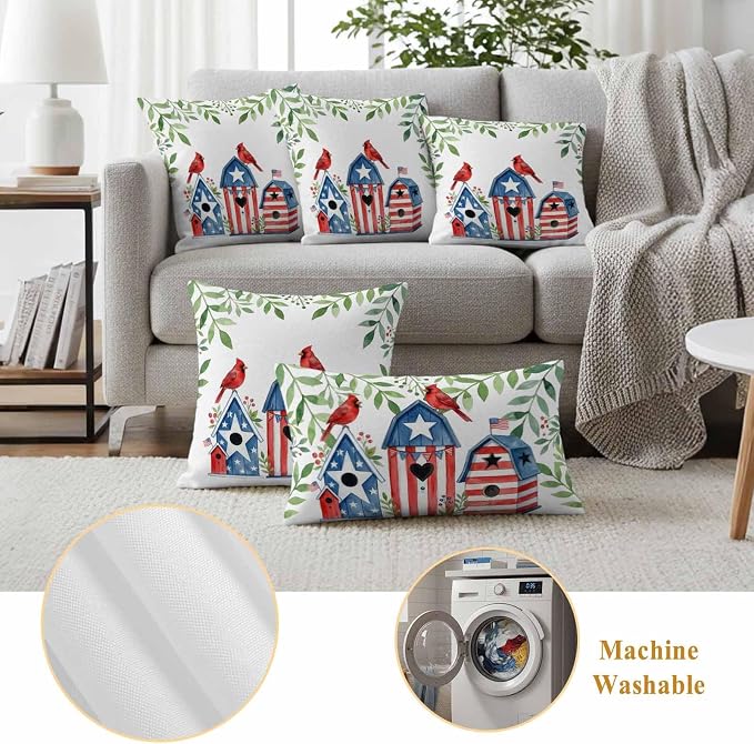 American Flag Bird House Outdoor Pillow Covers Waterproof, All Weather Cushion Case Set of 2, Green Eucalyptus Leaves 250th Decorative Pillowcases for Sofa Couch Bed Decor Patio Furniture 20"x20"