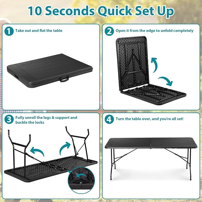 ZENY 6ft Portable Folding Table Plastic Indoor Outdoor Picnic Party Camp Dining Table with Handle (Black, 71" x 27")