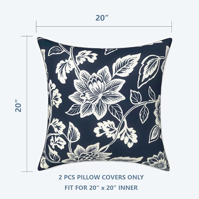 LVTXIII Set of 2 Patio Throw Pillows Covers Waterproof 20x20 Fade Resistant Outdoor Throw Pillow Case, Fluffy Decorative Garden Toss Pillow Covers for Home Patio Coach Sofa Use, Elegant Vines Navy