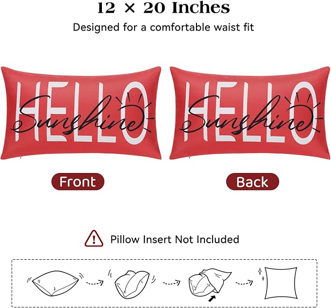 Lewondr Waterproof Outdoor Throw Pillow Cover, 12×20", Red | 2 Pack, Hello Sunshine Printing, Summer Garden Decor, For Patio Sofa, Balcony Couch, Bench Porch