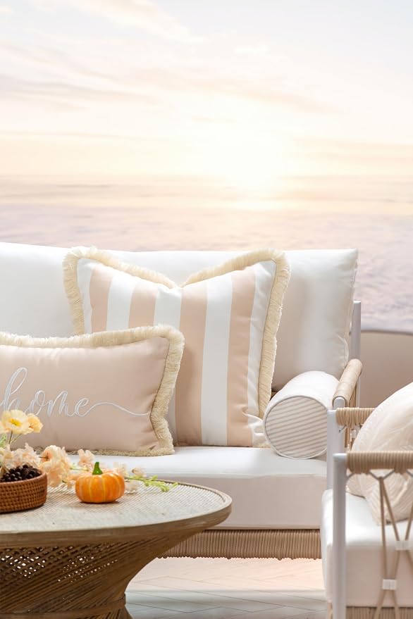Hofdeco Premium Fall Coastal Patio Indoor Outdoor Lumbar Pillow Cover Only, 12"x20" Water Repellent for Backyard, Couch, Neutral Tan Embroidered Home Fringe