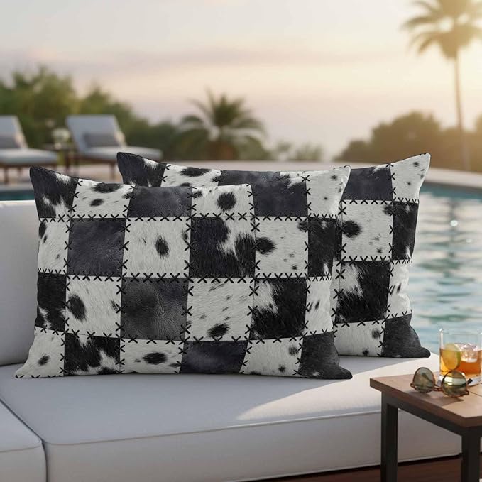 Black White Animal Printed Outdoor Pillow Covers 20x12 Inch Lumbar Pillow Covers Set of 2 Waterproof Decorative Throw Pillow Cases Farmhouse Fur Texture Plaid Cushion Covers for Patio Furniture Garden