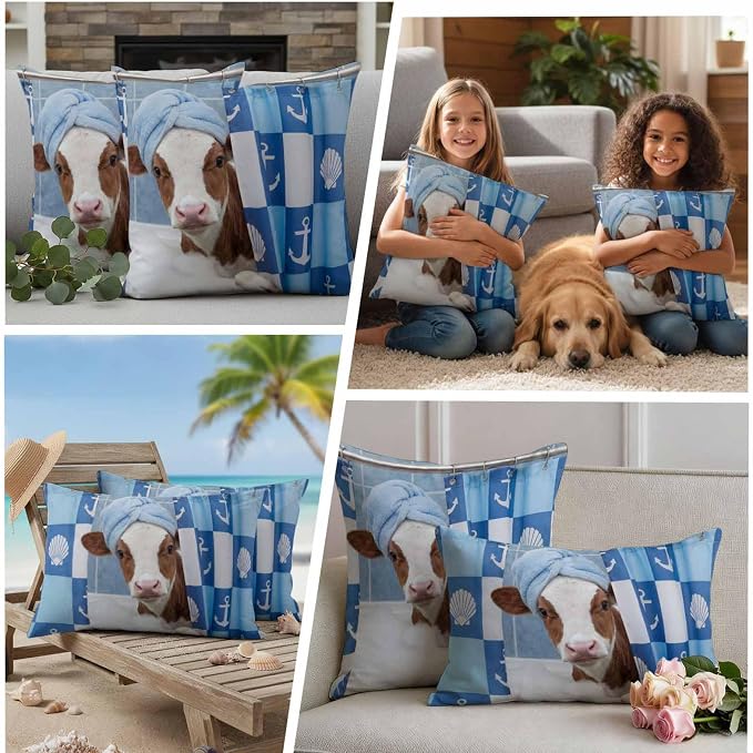 Bathing Cow Waterproof Outdoor Pillow Covers Set of 2 Home Decor, Funny Animal Showering Pillowcase Patio Pillow Covers for Couch Bench Patio Furniture Garden 16x16in