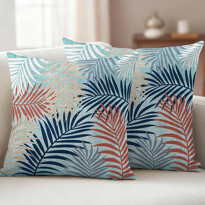 Outdoor Waterproof Throw Pillow Covers, Red Blue Teal Palm Leaves Decorative Pillow Cases, Summer Botanical Tropical Leaf Couch Pillow Protector Patio Sofa Cushion Covers Replacement 18"x18" 2 Pack