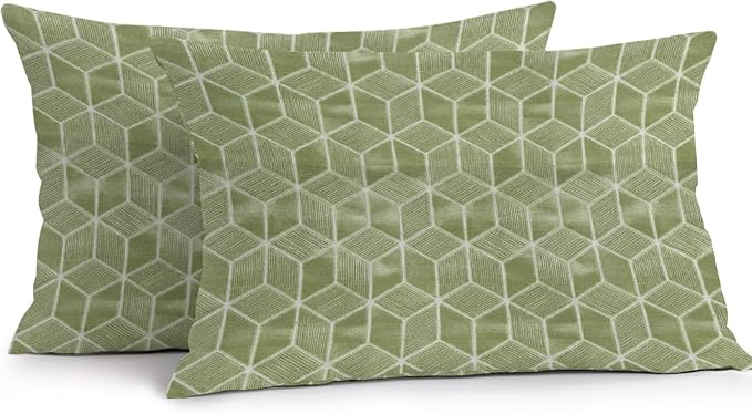 Green Honeycomb Tiling Waterproof Outdoor Pillow Covers Set of 2 Home Decor, Wooden Grain Blocks Lumbar Pillowcase Patio Pillow Covers for Couch Bench Patio Furniture Garden 20x12in