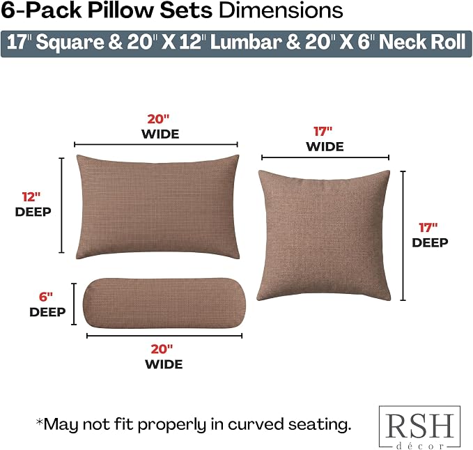 RSH DECOR: 6-Pack Pillow Set | Sunbrella Performance Fabric |Water & Fade-Resistant| 17" Square, 20"x12" Lumbar, 20"x6" Neck Roll | Outdoor Pillows for Patio Furniture | Made in USA (Rochelle Truffle)