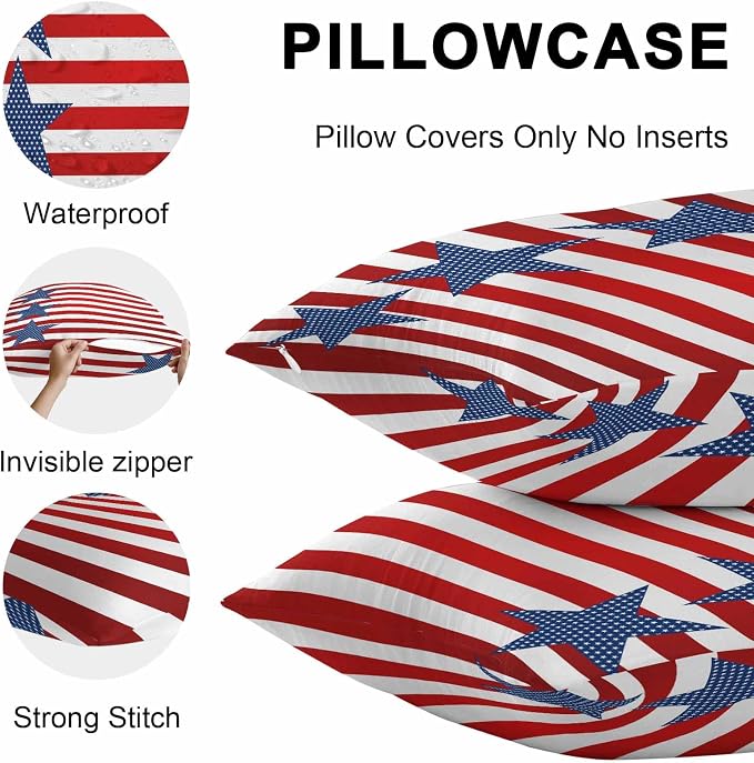 4th of July Outdoor Throw Pillows Covers 18x18 inch Set of 2 Waterproof Patriotic American Flag Zippered Cushion Covers for Patio Furniture, Red White and Blue Stars Stripes Lumbar Pillowcases