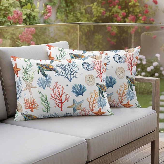 Summer Ocean Outdoor Waterproof Pillow Covers Pack of 2, Nautical Coastal Sea Turtles Shells Corals Starfish Decorative Throw Pillowcases Cushion Covers for Garden Patio Tent Sofa Couch, 20x12 inch