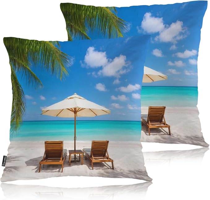 Swono Set of 2 Decorative Throw Pillow Covers Turquoise Sea, Tropical Ocean Beach Chair Palms Farmhouse Pillowcases Accent Pillow Cushion Cover for Couch Sofa Bed Office Armchair 18 X 18 Inch