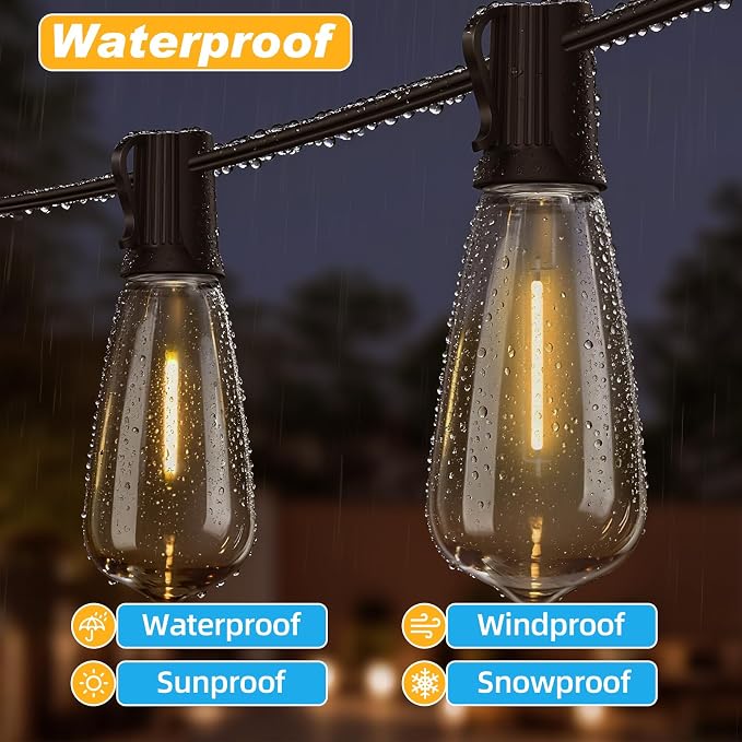25FT LED Outdoor String Lights Waterproof, Edison Lights for Outside | with 13 Shatterproof Vintage Edison Bulbs Connectable Hanging Patio Lights for Yards Balcony Porch Bistro Garden Decor