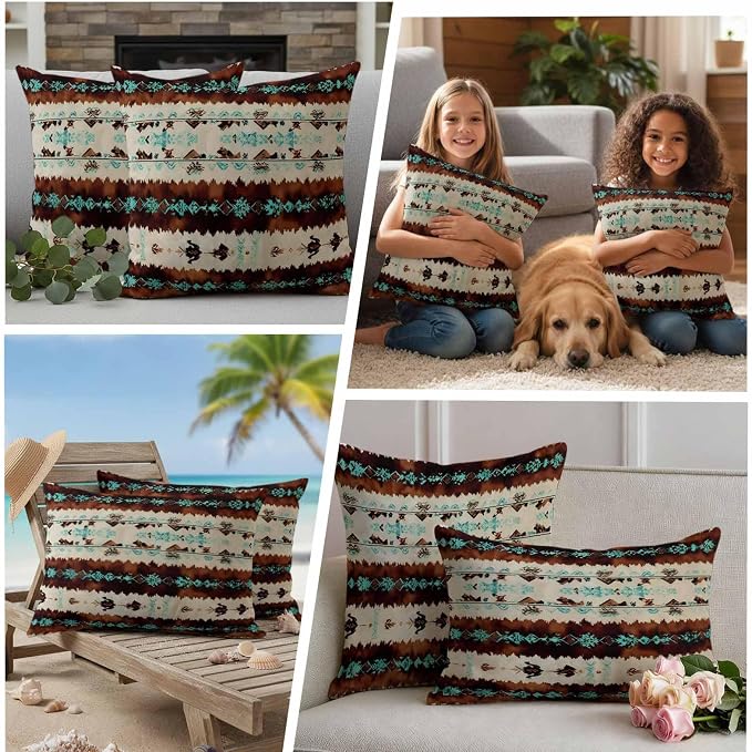 Western Aztec Outdoor Pillow Covers 18"x18" Set of 2, Brown Turquoise Tribal Ethnic Geometric Waterproof Throw Pillow Covers for Patio Furniture, Decorative Cushion Covers for Porch