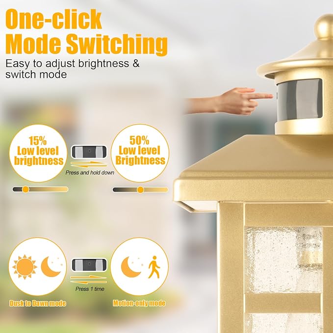 Exterior Motion Wall Sconce, 2 Pack Outdoor Light Fixture Wall Mount Gold | Hardwired Exterior Light Sconces with E26 Sockets & Tempered Glass, Wall Mounted Black Waterproof Outdoor Lights for House