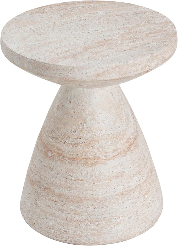 Outdoor Concrete Travertine Side Table, Magnesium Oxide Patio End Table, Faux Stone Accent Stool Coffee Table for Indoor Outdoor Use on Patio, Garden, Backyard-Beige 18"*20.25"