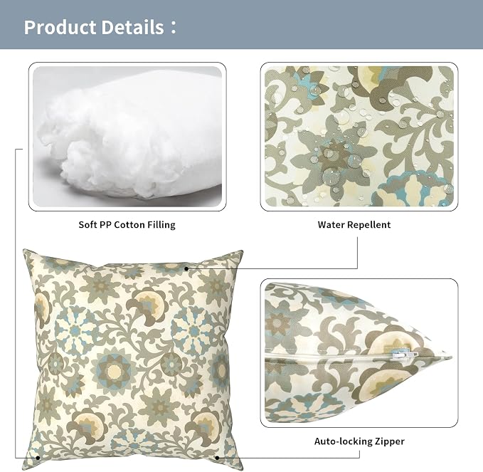Outdoor Pillows with Insert 18x18 Inch, Waterproof Throw Pillow for Patio Furniture, Decorative Back Cushion for Garden Home Sofa Office Chair, Set of 2, Floral Symphony‌