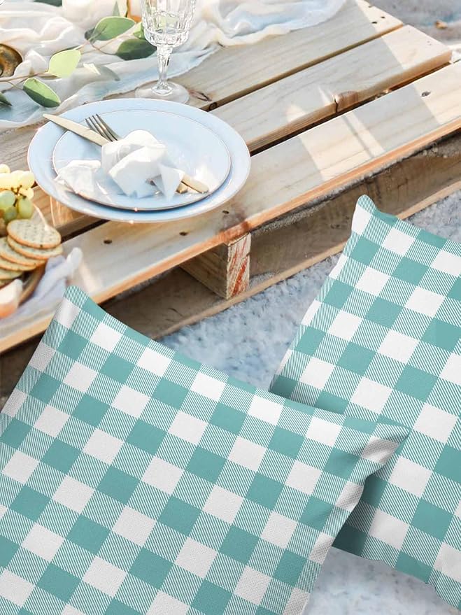Outdoor Waterproof Throw Pillow Covers Set of 2 Teal Green White Check Plaid Pillowcases 24x24 Inches Farmhouse Style Patio Decorative Pillows Cushion Case Patio Pillows for Couch Bed Chair Garden