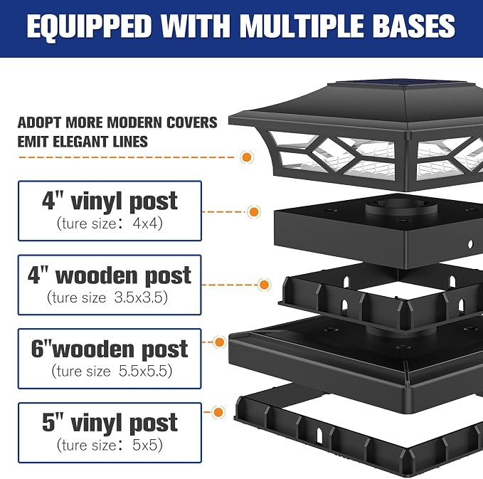 VOLISUN Solar Post Cap Lights: 8 - Pack Outdoor Deck Post Cap Lights Black for Dock Fence Waterproof 2 Color Modes,4x4/6x6 Wooden/Vinyl Posts