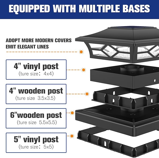 VOLISUN Solar Post Cap Lights: 2 - Pack Outdoor Deck Post Cap Lights Black for Dock Fence Waterproof 2 Color Modes,4x4/6x6 Wooden/Vinyl Posts