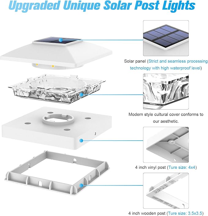 VOLISUN 4x4 Solar Post Cap Light 12pack,Solar Fence - Post Lights Outdoor Waterproof for Wooden/Vinyl Post,White Deck Post Cap Light Solar Powered with Warm White for Garden/Patio/Porch