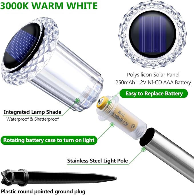 DenicMic 10 Pack Solar Pathway Lights Outdoor Waterproof Warm White LED | Stainless Steel Stake Lights for Yard Garden Decor for Outside Patio Lawn Auto On/Off 3000K Crystal-like Acrylic Lampshade