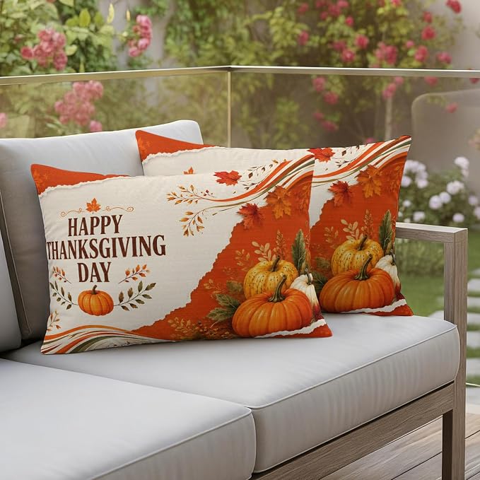 Fall Thanksgiving Waterproof Outdoor Pillow Covers 20''x12'' Set of 2, Maple Leaves Orange Pumpkins Patio Furniture Cushion Covers for Chairs, Decorative Farmhouse Pillow Cases for Garden/Pool/Beach